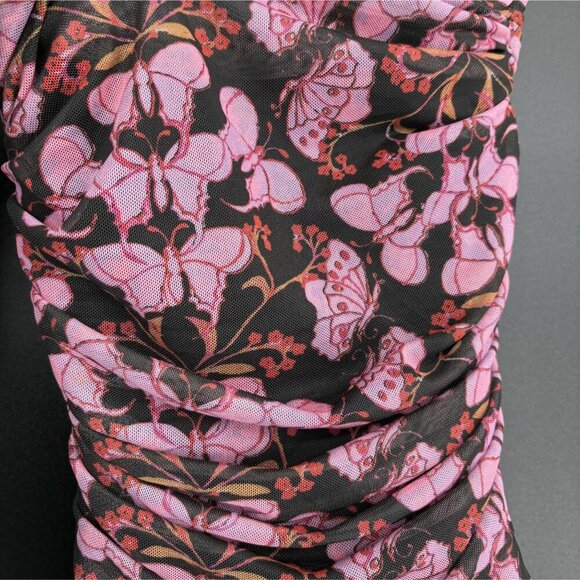 Free People Womens Ruched Butterfly Print Bodysuit XS Black Pink Going Out Top - Picture 3 of 6